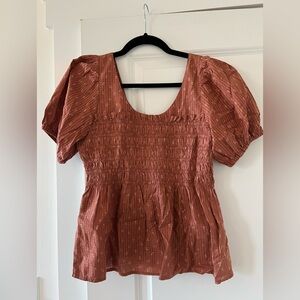 Madewell Bubble Sleeve Smocked Peplum Top In Warm Umber